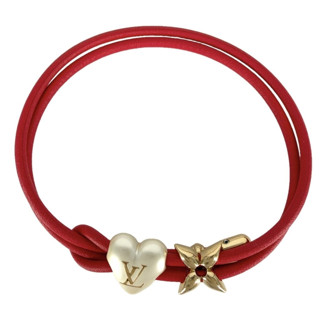 LOUIS VUITTON Red Pearl Heart Charm Bracelet